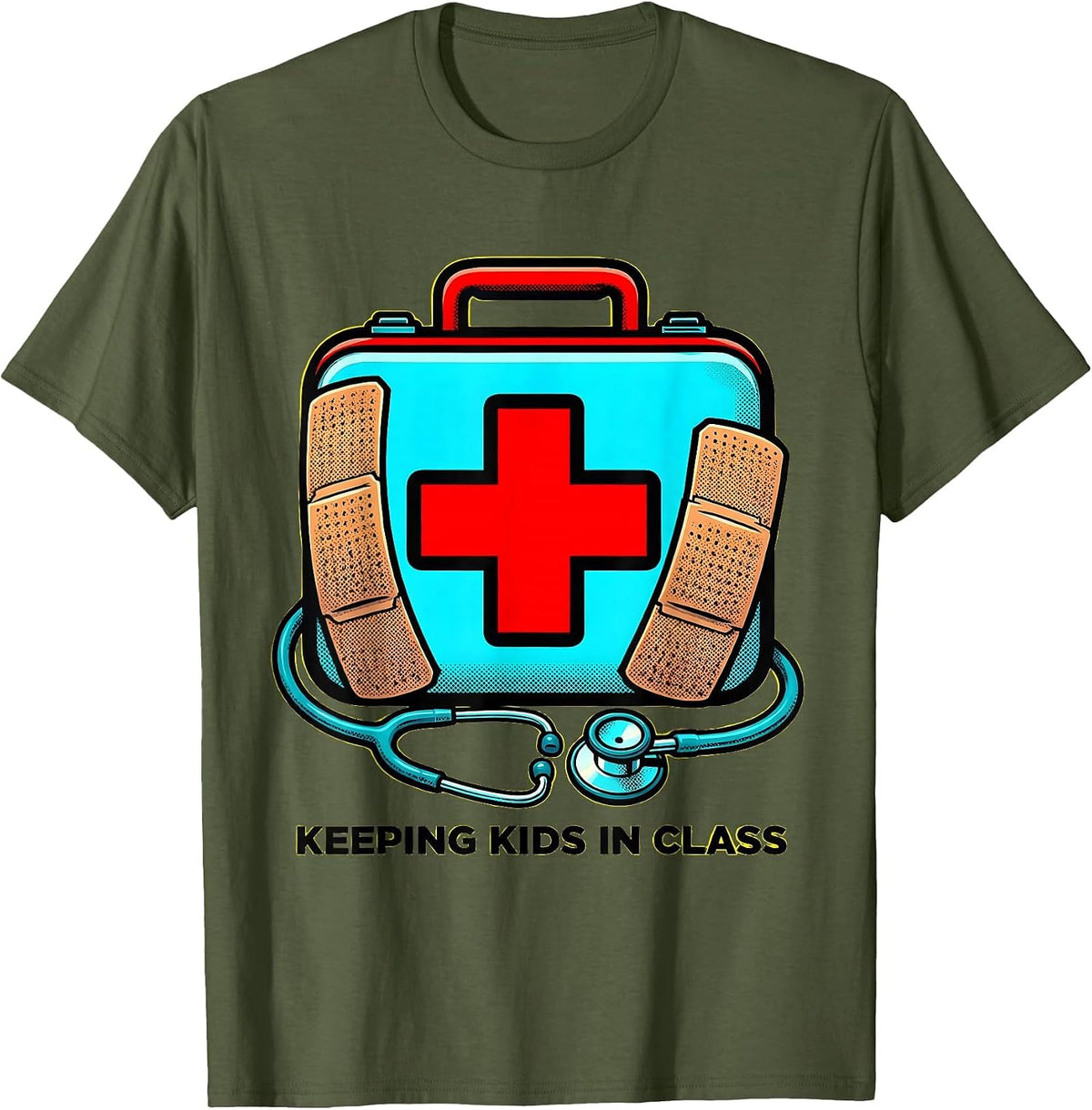 School Nurse Keeping Kids In Class Design T-Shirt - Olive Green