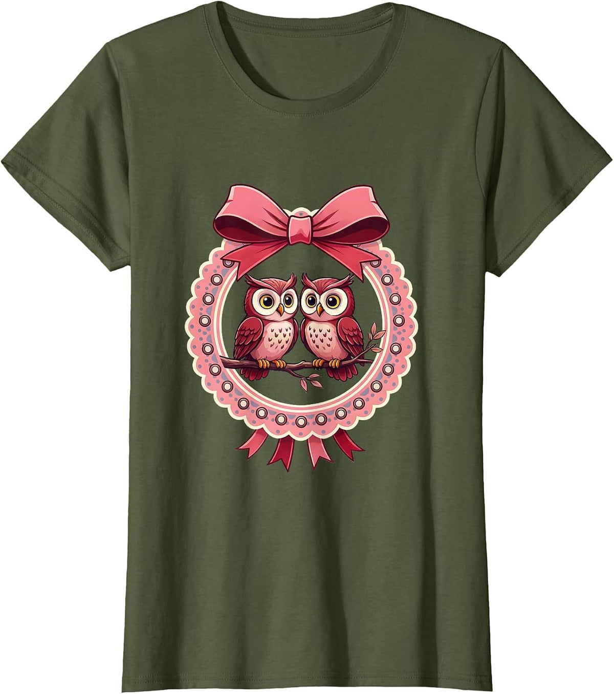 Women's I Love My Girlfriend Owl Couple Perched on Branch T-Shirt - Olive Green