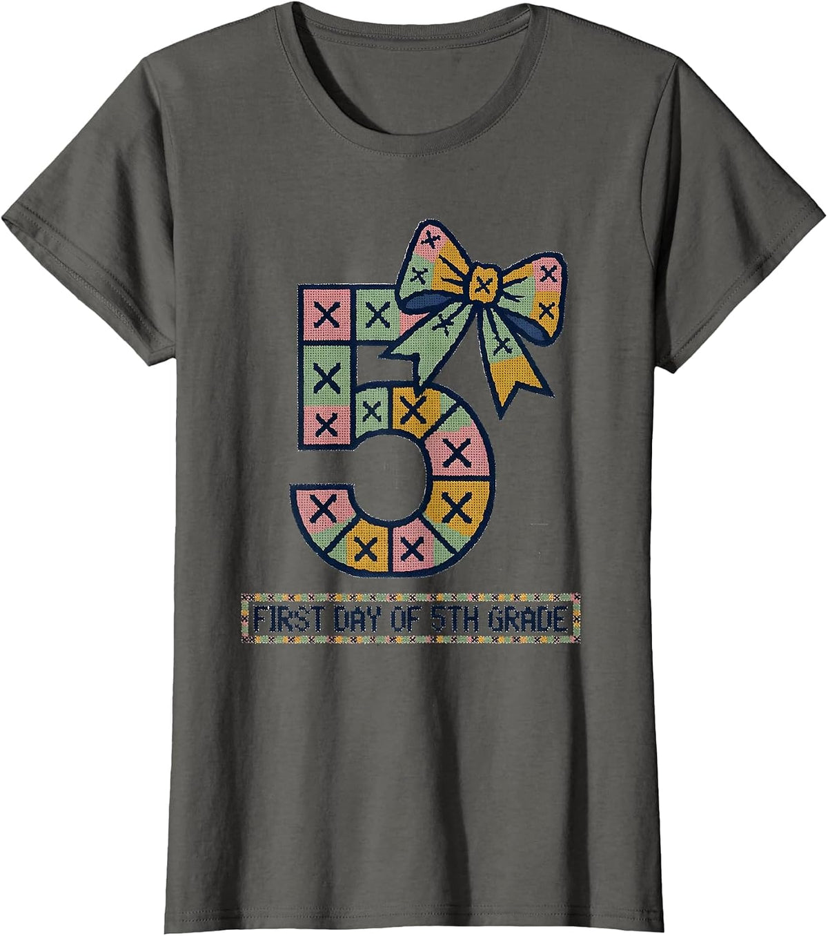 Women's First Day Of 5th Grade Coquette Bow Back To School Teacher T-Shirt - Asphalt Grey