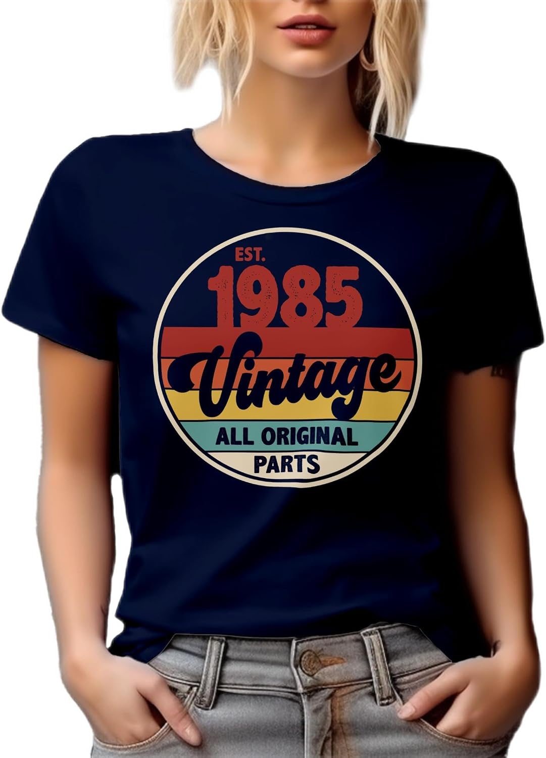 Vintage Est. 1985, All Original Parts White Graphic Tshirt - Navy Blue