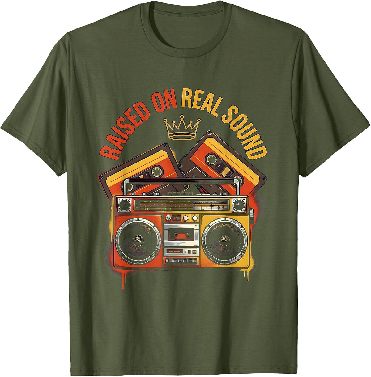 Raised On Real Sound Retro Hip Hop Rap Music Lover T-Shirt - Olive Green