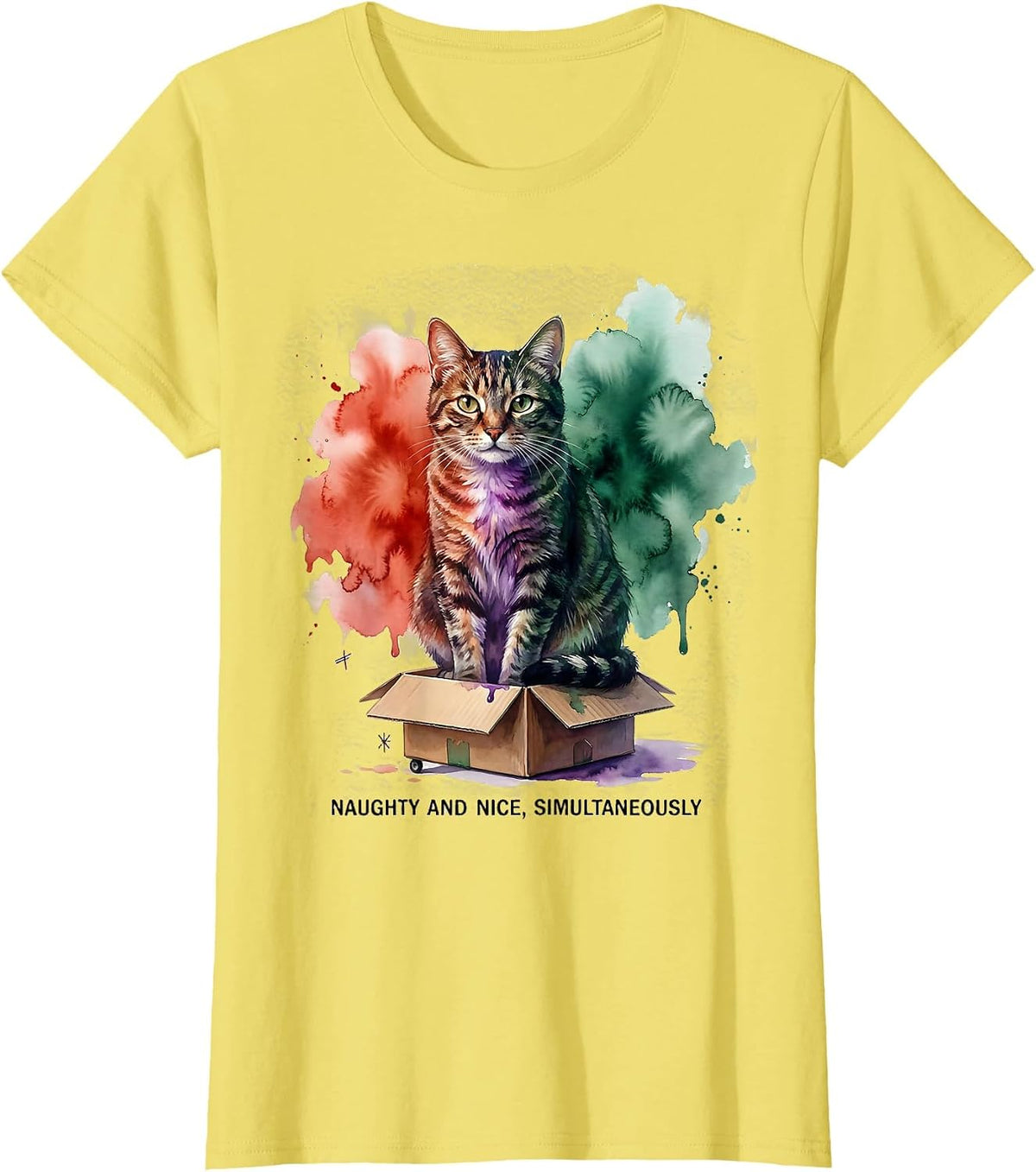 Women's Naughty And Nice, Simultaneously Funny Quantum Physics Cat T-Shirt - Lemon Yellow