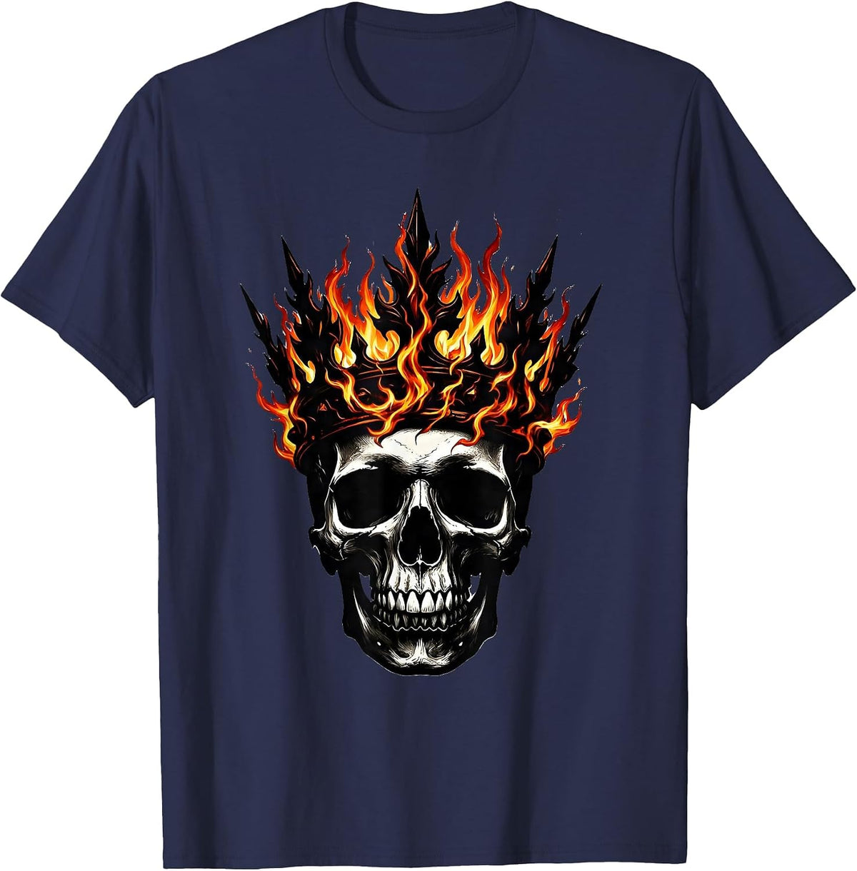 Skull With Burning Crown of Flames Graphic T-Shirt - Navy Blue