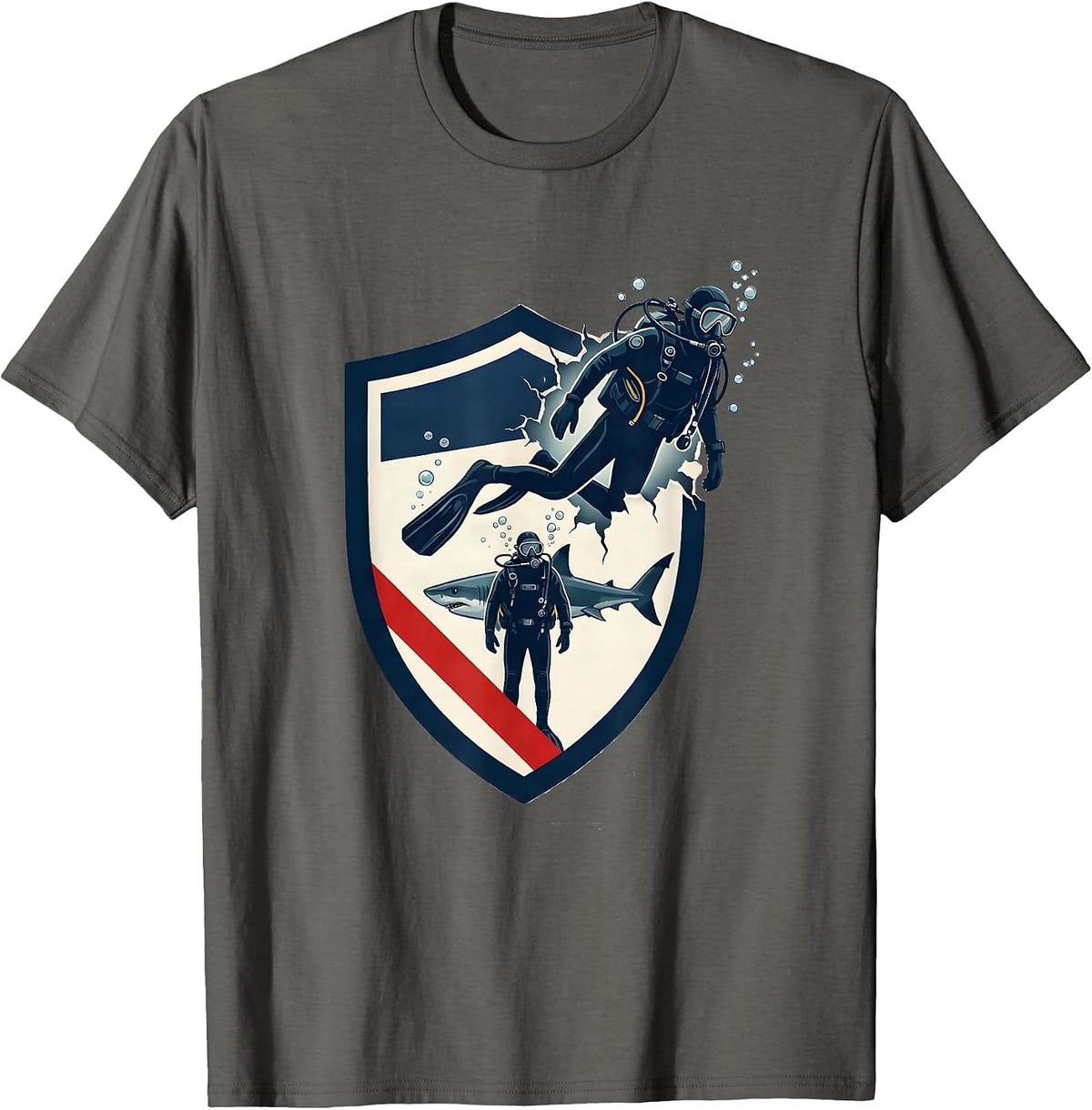 Men's Scuba Diver Shield Emblem Shark Dive Buddy Vintage Humor T-Shirt - Asphalt Grey