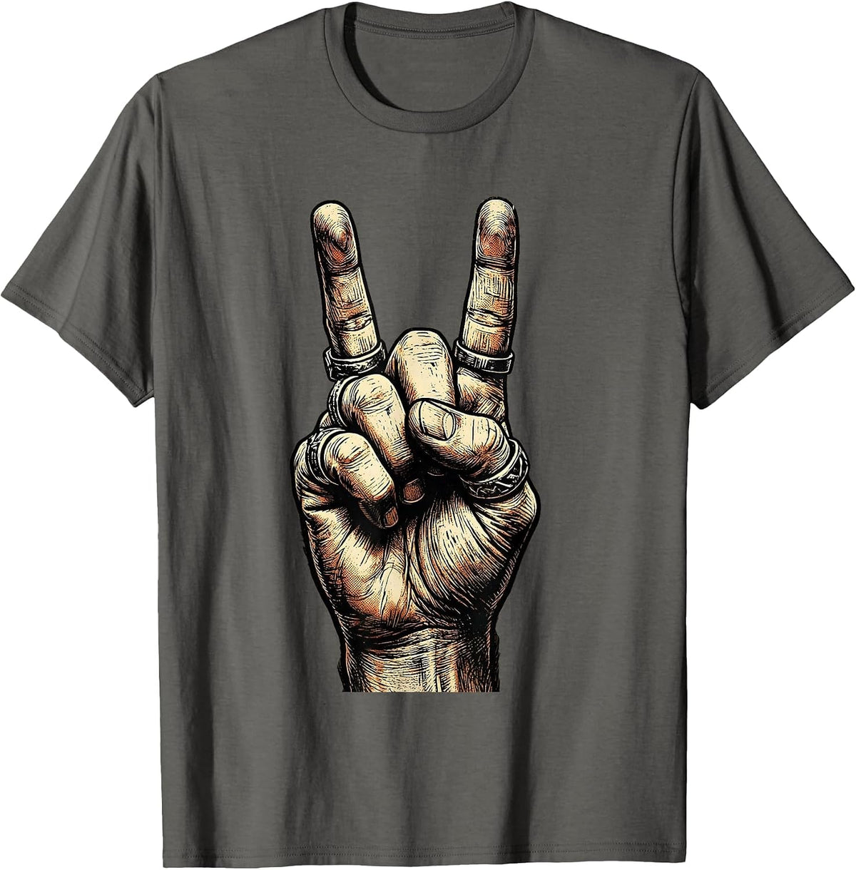 Devil Horns Hand Sign Rock Music Graphic T-Shirt - Asphalt Grey