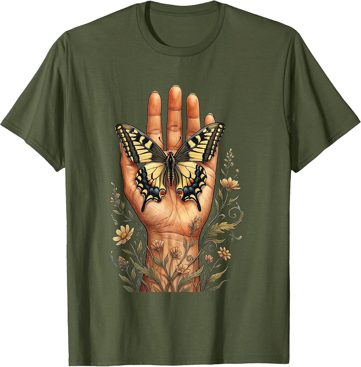 Suicide Awareness Open Hand Butterfly Design T-Shirt - Olive Green