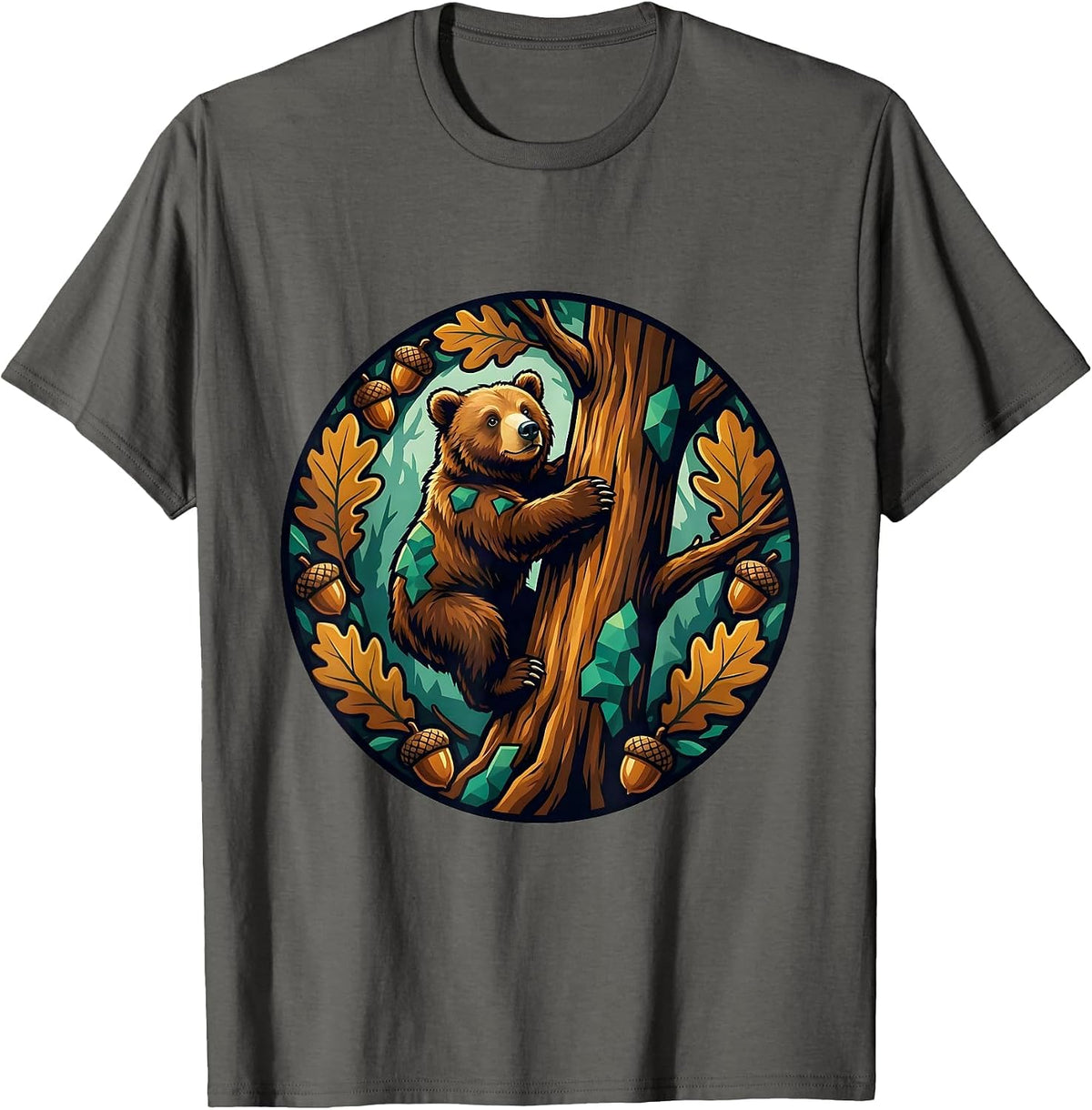 North Carolina Black Bear Cub Climbing Oak Tree T-Shirt - Asphalt Grey