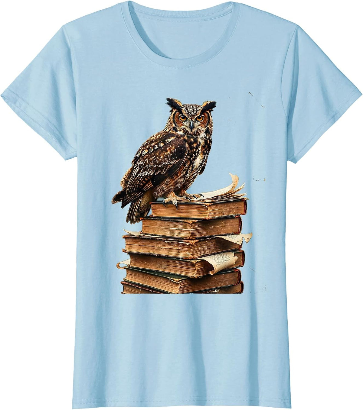 Owl on Textbooks College Graphic T-Shirt - Baby Blue