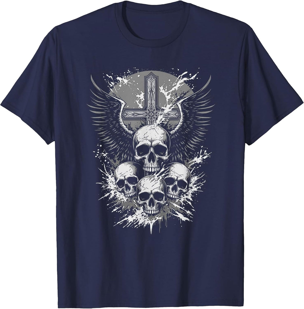 Gothic Skull Cross Art Wings Grunge Punk Y2K Emo Aesthetic T-Shirt - Navy Blue