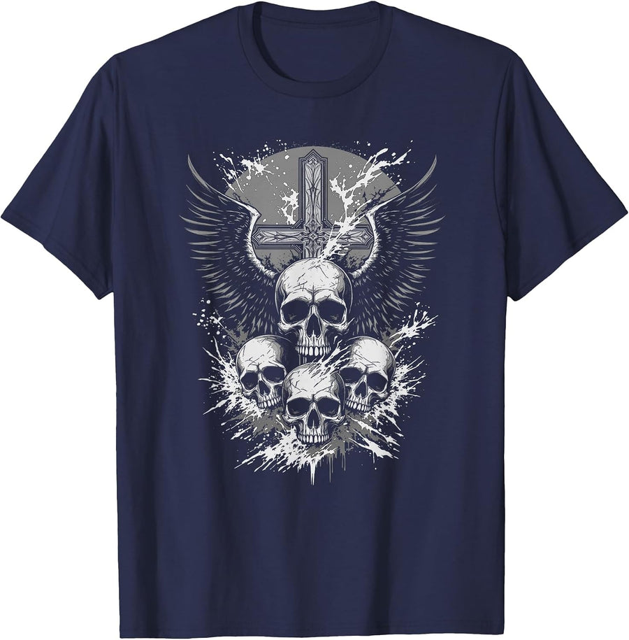 Gothic Skull Cross Art Wings Grunge Punk Y2K Emo Aesthetic T-Shirt - Navy Blue