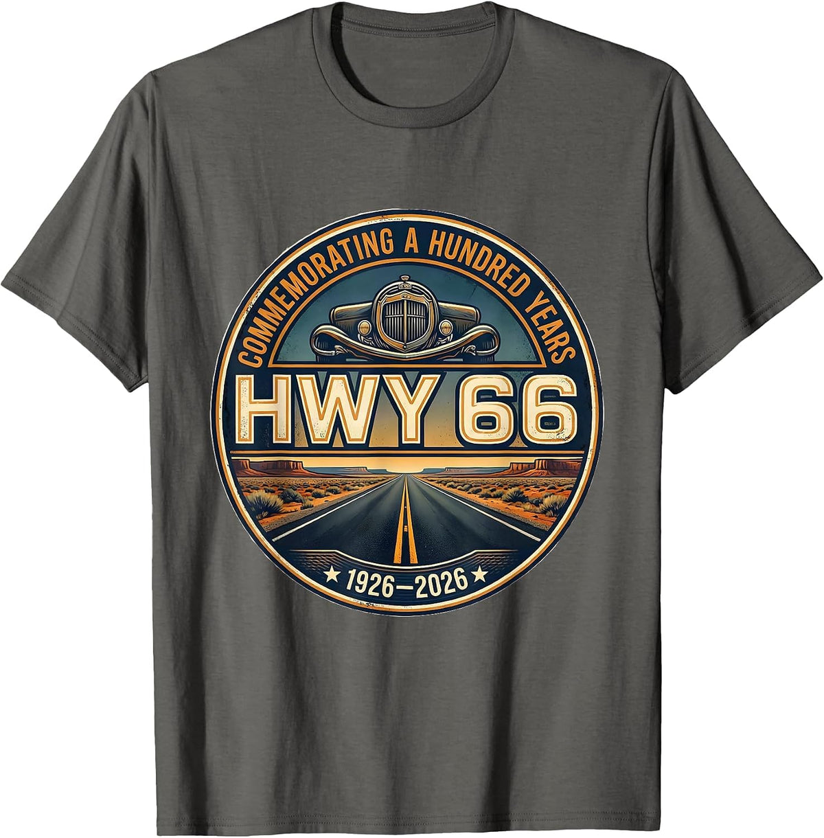 Commemorating A Hundred Years Hwy 66 1926-2026 Vintage T-Shirt - Asphalt Grey