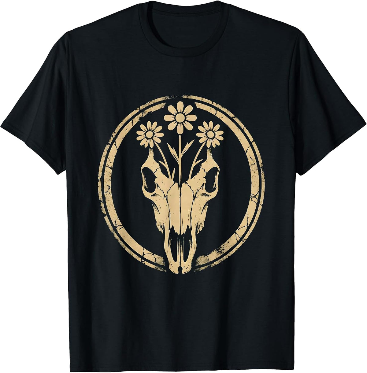 Men's Horse Skull Wildflowers Gothic Floral Art Design T-Shirt - Black