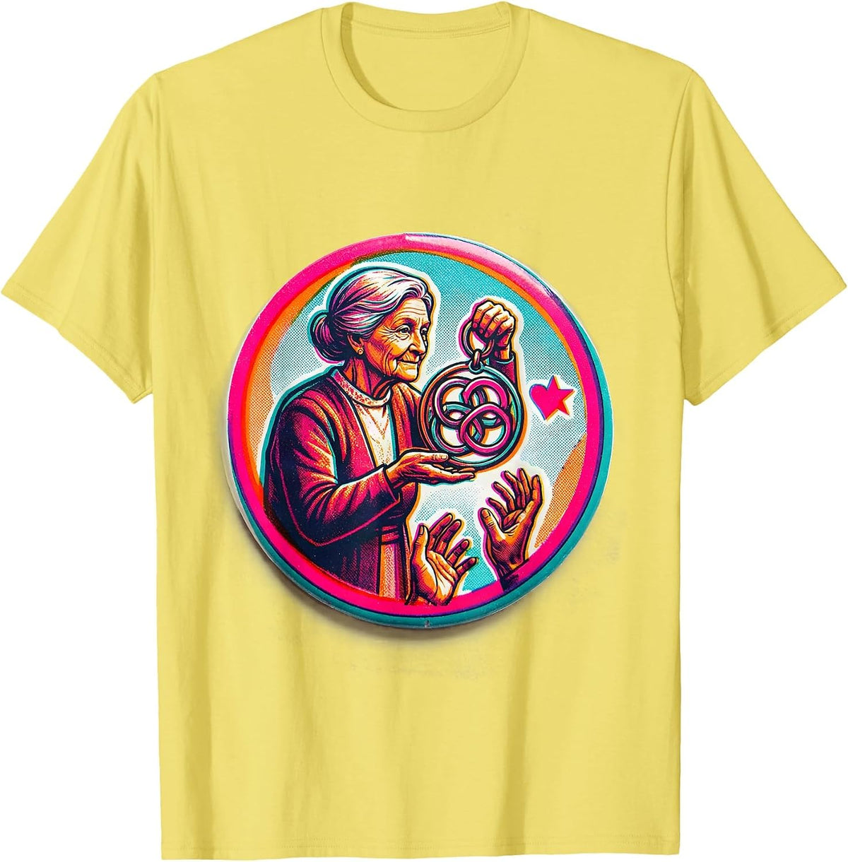 Men's Gigi Grandma Family Name Medallion Risograph Badge T-Shirt - Lemon Yellow