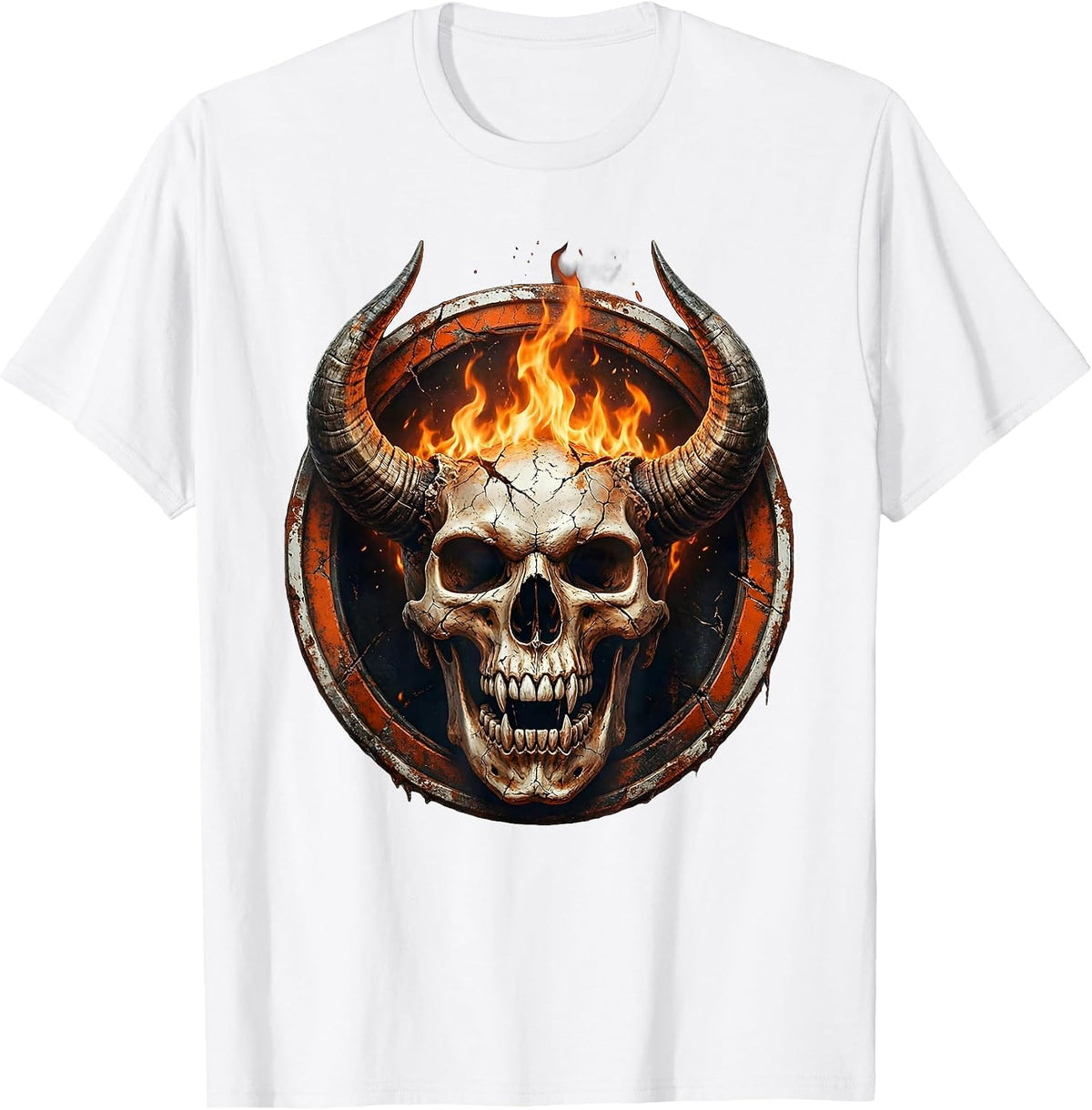 Men's Horned Demon Skull Fire Breathing Dark Art Design T-Shirt - White
