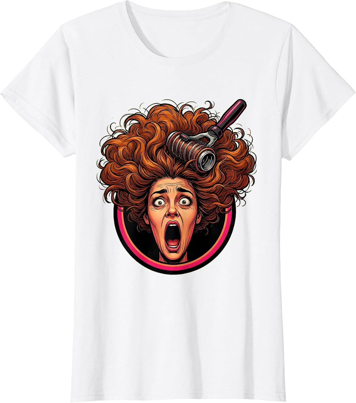 Women's Hair Tangled in Curling Iron Funny Graphic T-Shirt - White