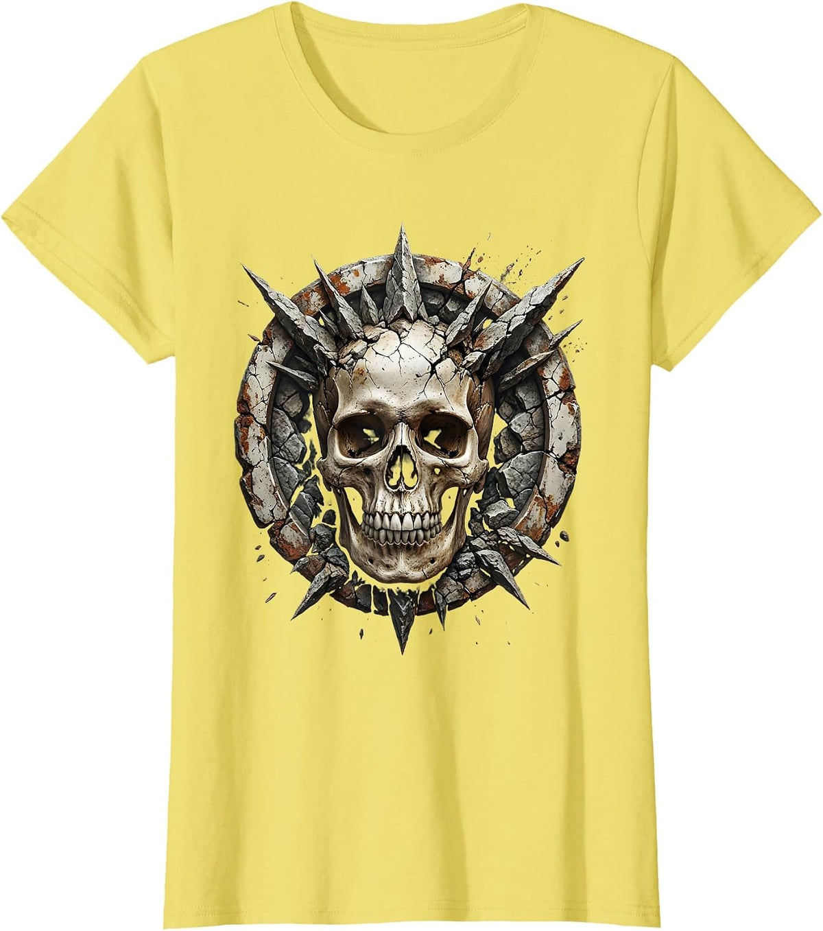 Skull Emerging From Jagged Rock Formation T-Shirt - Lemon Yellow