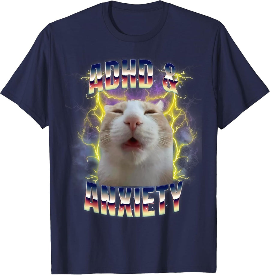 ADHD and Anxiety Neurodiversity Funny Silly Meme Cat T-Shirt - Navy Blue