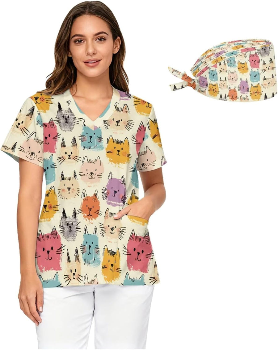 Women's Loose-Fit Medical Scrubs V-Neck with Printed Nurse Cap Design Pocketed Nurse Uniform Top Sizes S - 5XL - Yellow Cute
