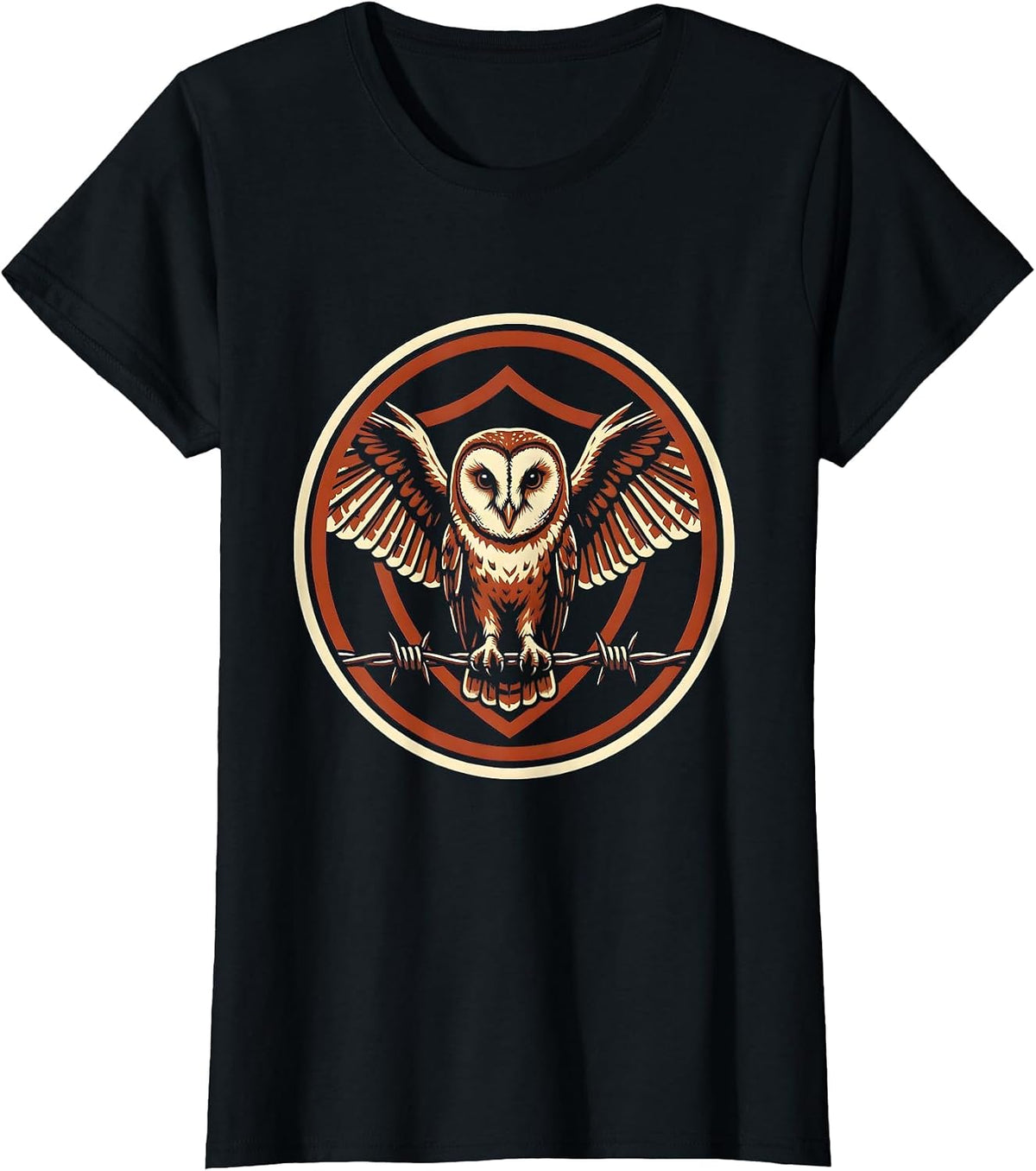Barn Owl Perched on Barbed Wire Fence T-Shirt - Black