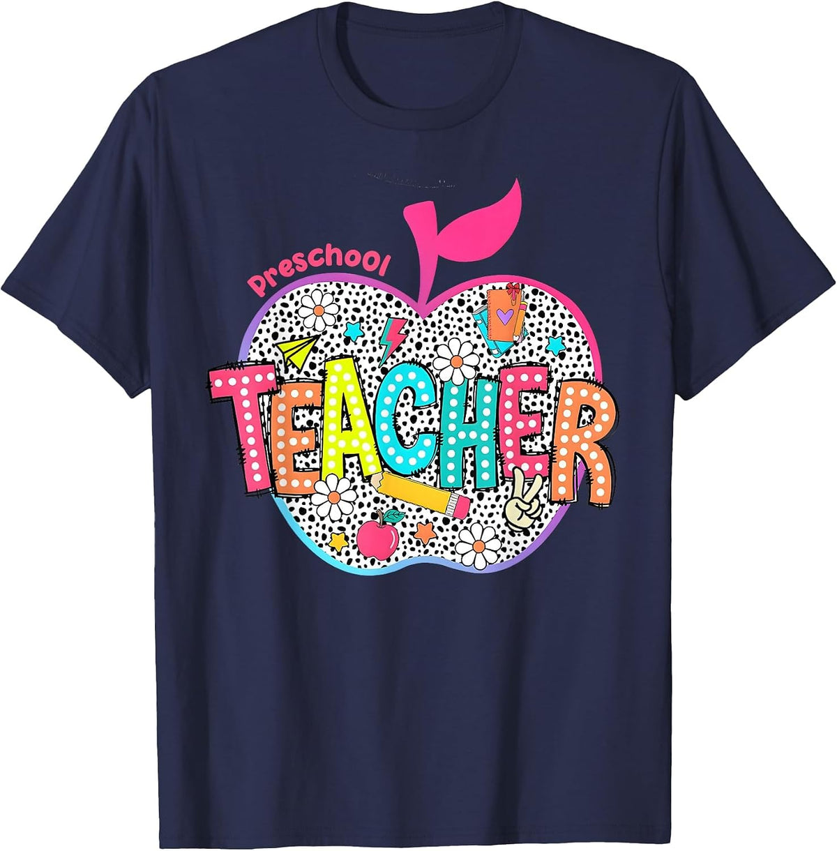 Preschool Teacher Flowers Retro Lightning Back to School T-Shirt - Navy Blue