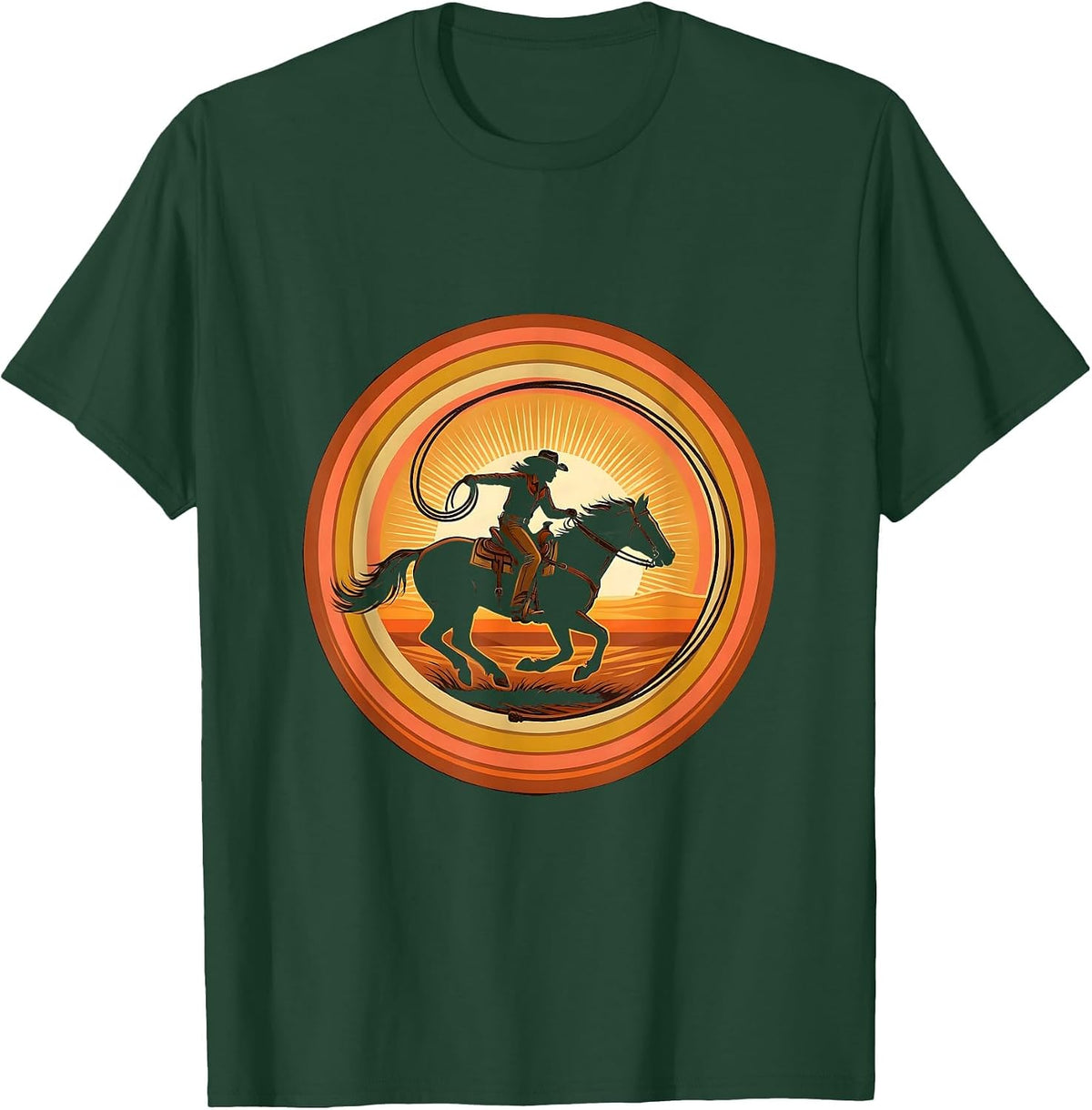Cowgirl Twirling Rope on Horseback Illustration T-Shirt - Dark Green