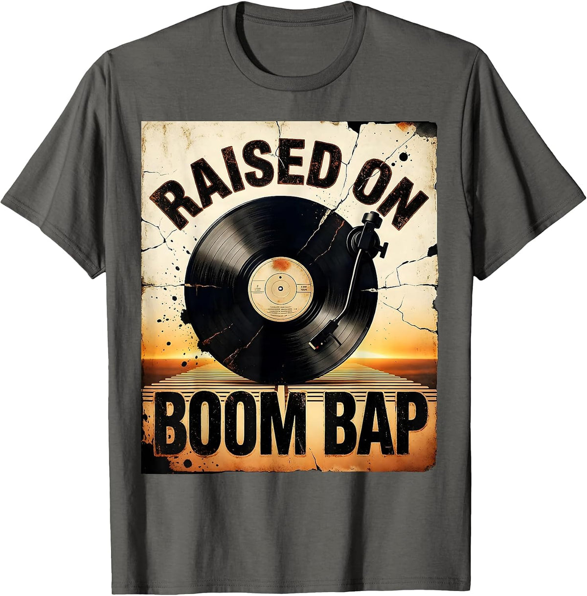 Men's Raised On Boom Bap Distressed Old School Hip Hop Retro T-Shirt - Asphalt Grey