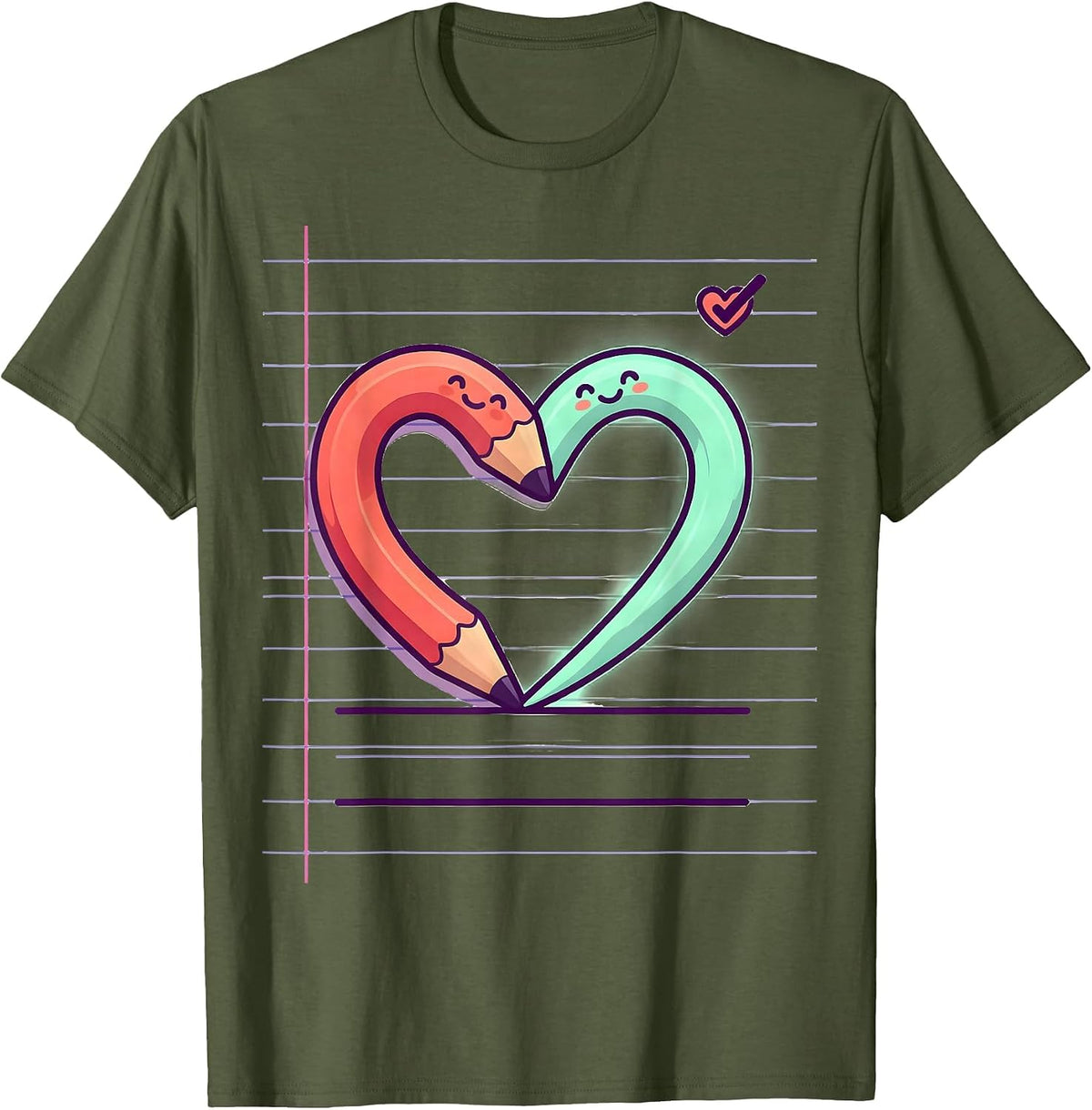 Cute Kawaii Pencil Heart Teacher Valentine Humor T-Shirt - Olive Green