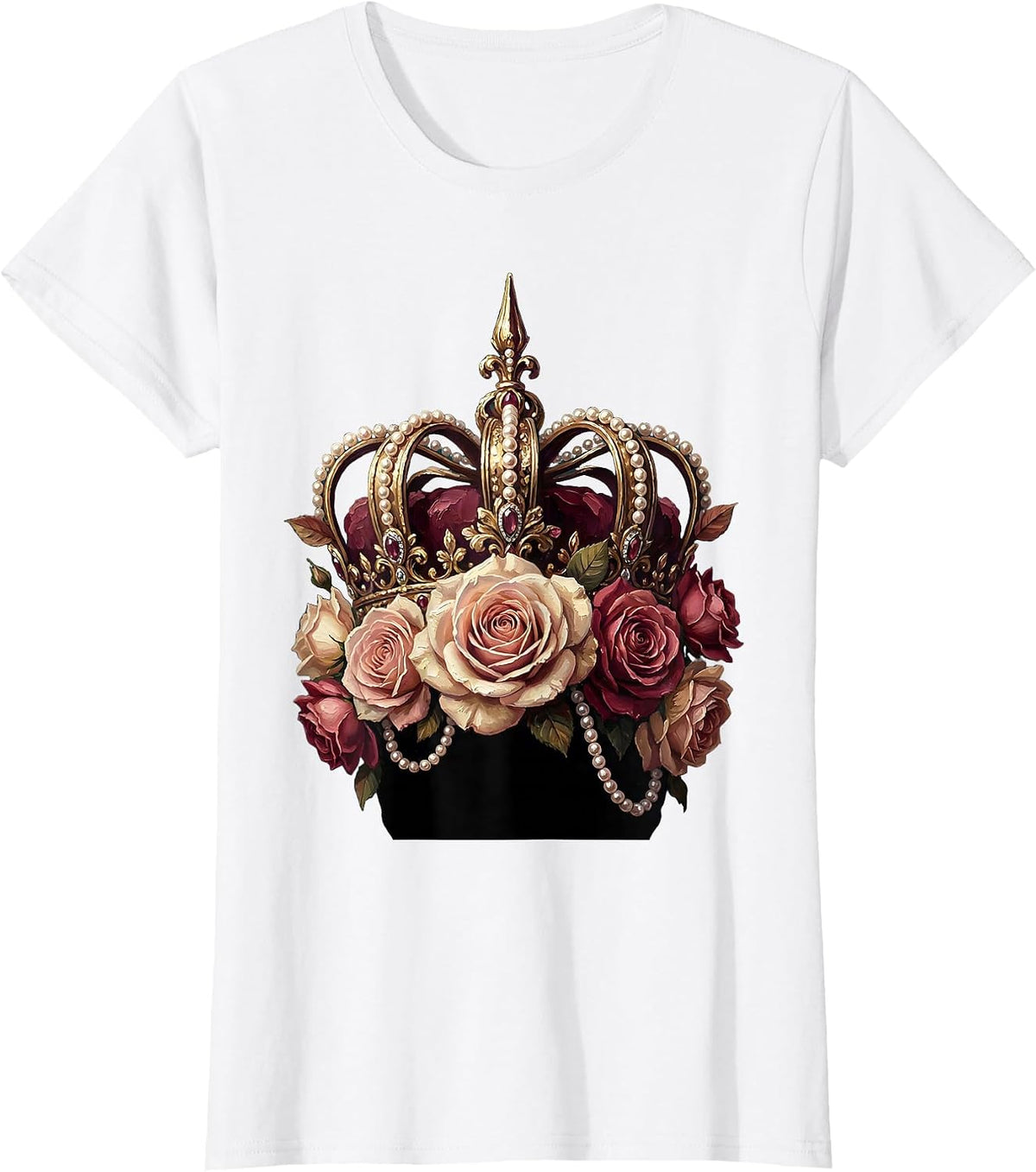 Women's Showgirl Crown Pearls and Roses Illustration T-Shirt - White
