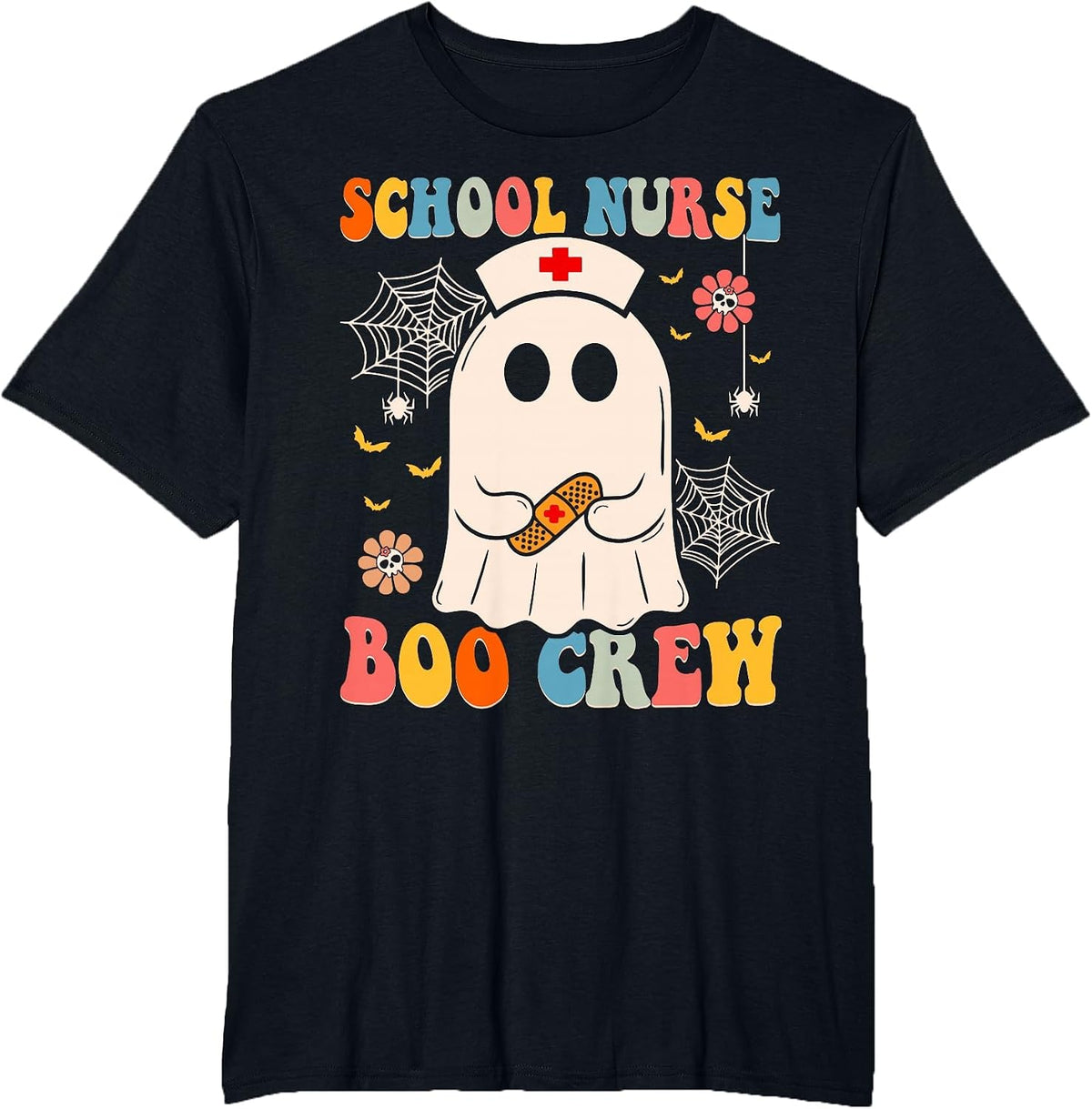 Groovy School Nurse Boo Crew Nurse Funny Ghost Halloween T-Shirt - Black