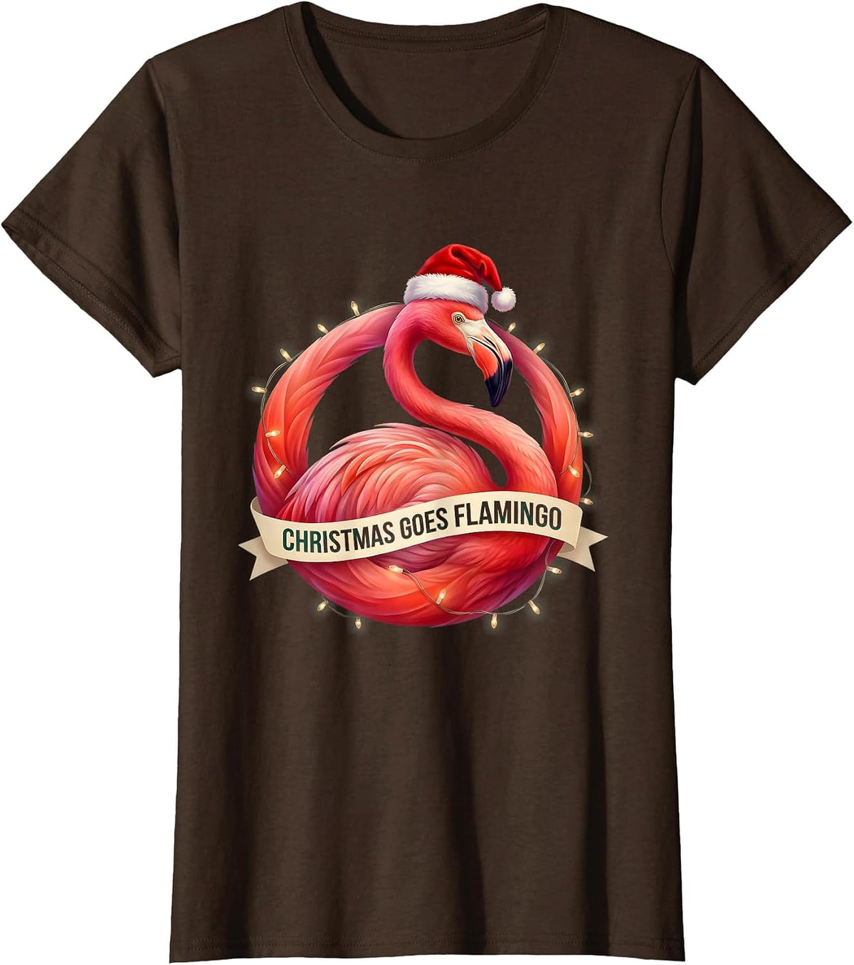 Women's Christmas Goes Flamingo Gradient Whimsical Holiday Humor T-Shirt - Brown