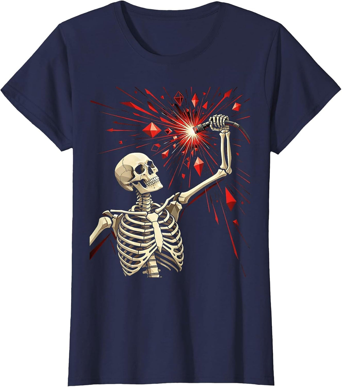 Women's Skeleton Welder Torch Sparks Graphic Tee T-Shirt - Navy Blue