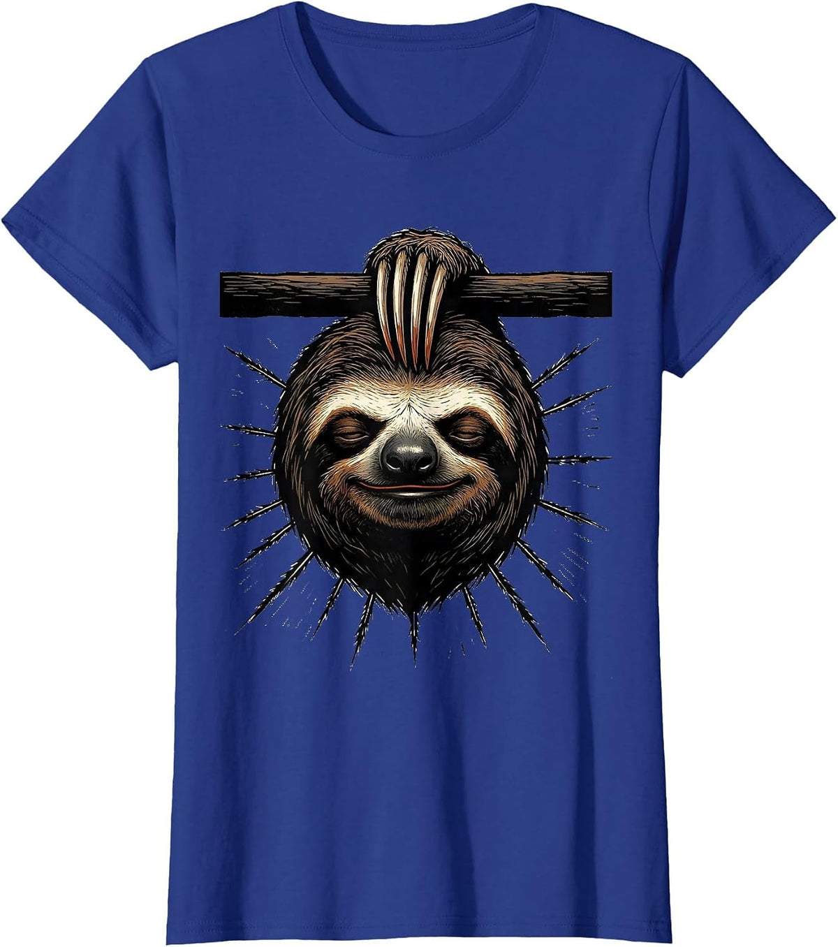 Women's Oversized Sloth Linocut Funny Animal Lover Humor T-Shirt - Royal Blue