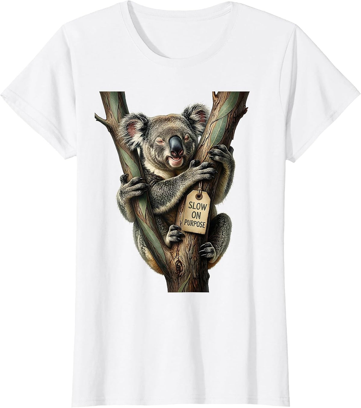 Women's Slow On Purpose Botanical Koala Animal Lover Pun Humor T-Shirt - White