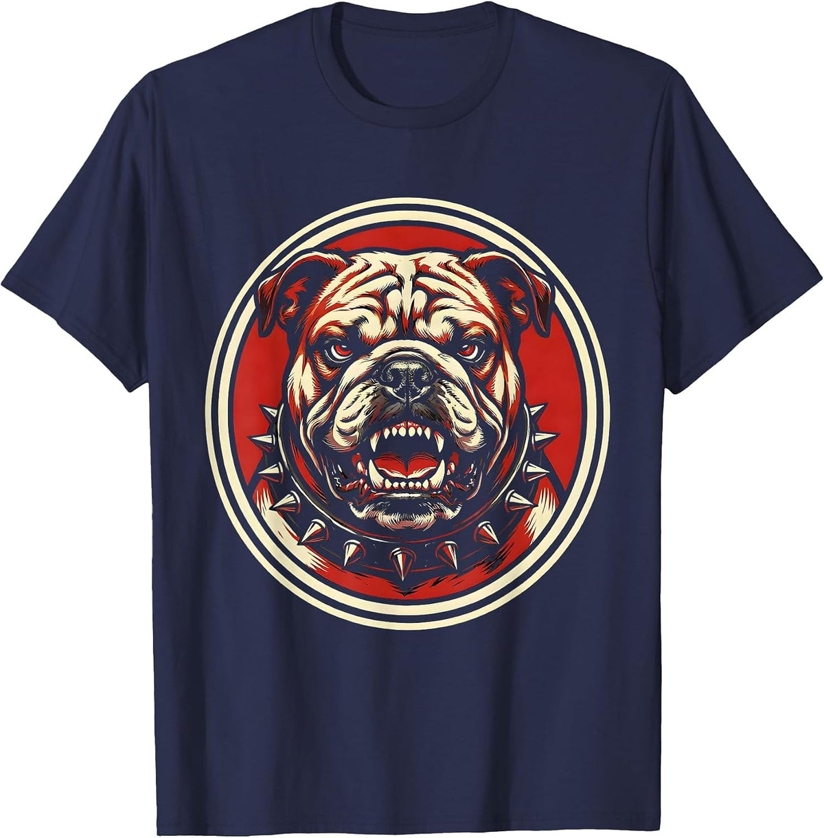 Punk Rock Snarling Bulldog Studded Collar Design T-Shirt - Navy Blue