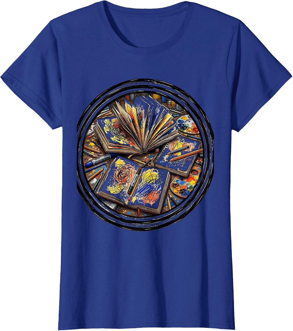 Women's Art Teacher Sketchbook Desk Illustration T-Shirt - Royal Blue