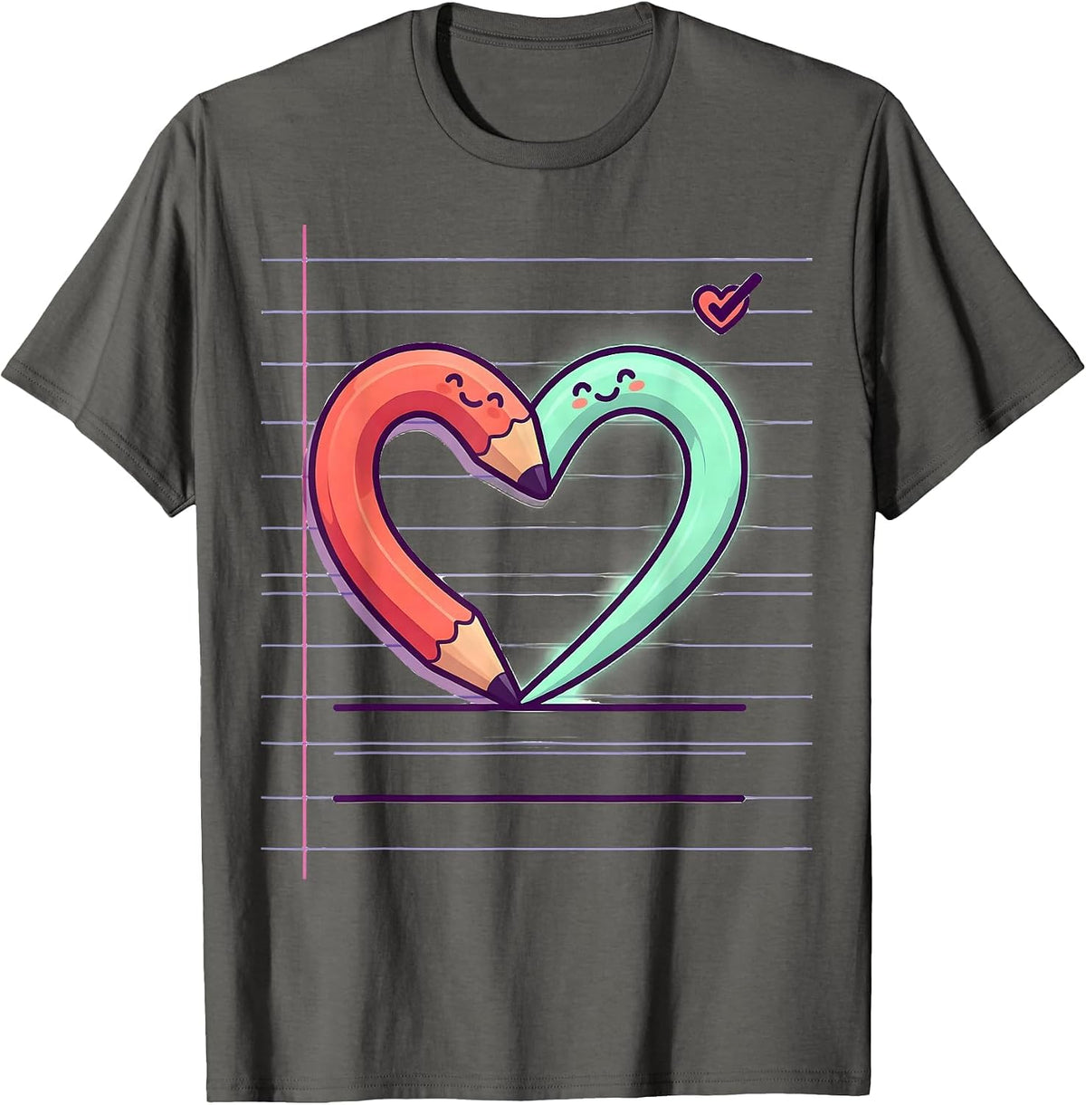 Cute Kawaii Pencil Heart Teacher Valentine Humor T-Shirt - Asphalt Grey