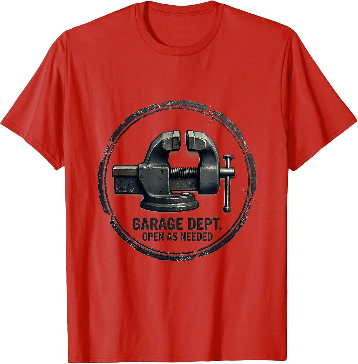 Men's Garage Dept. Open As Needed Rubber Stamp Dad Joke Mechanic T-Shirt - Red