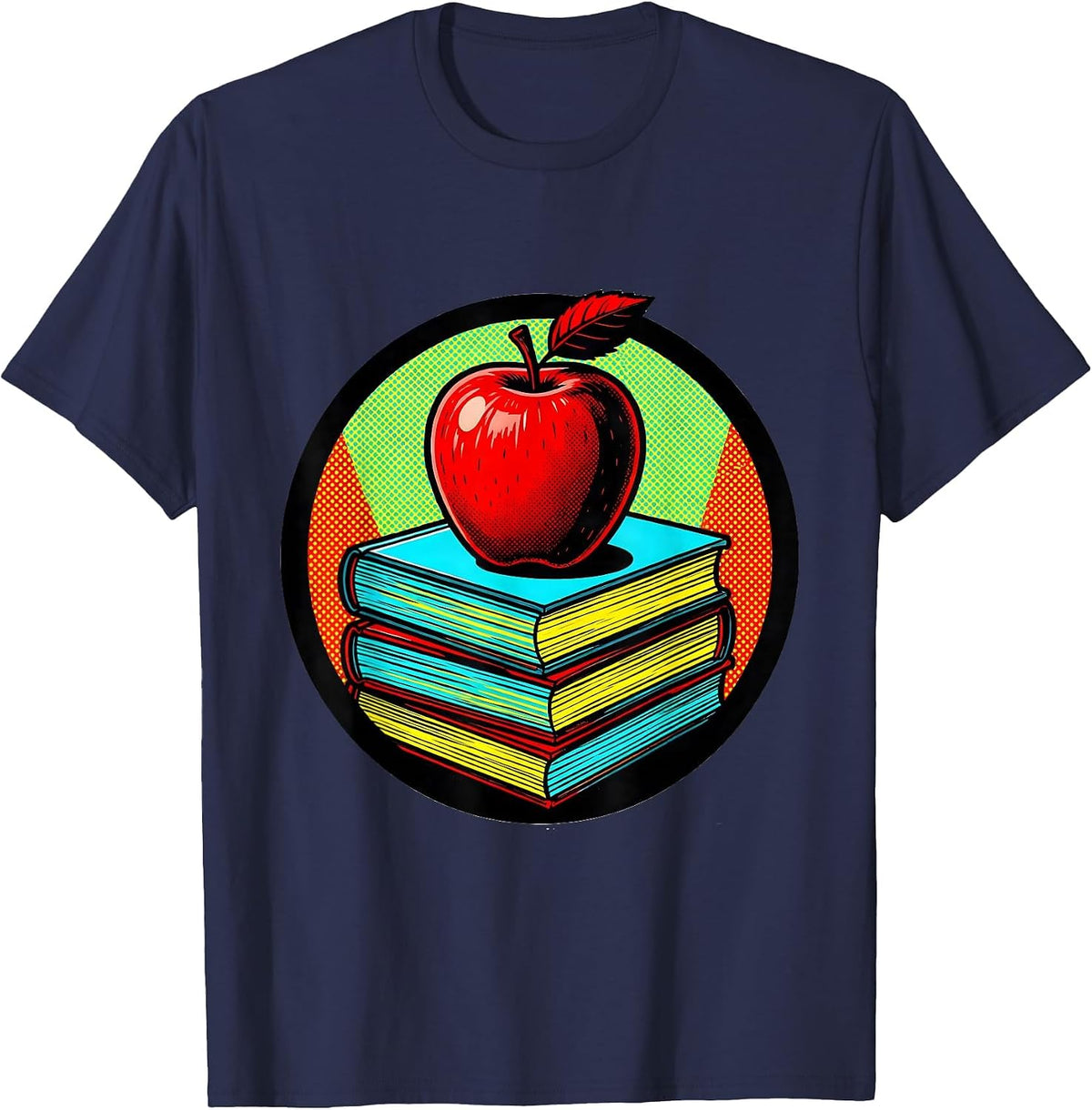 Art Teacher Apple Stack of Books Illustration T-Shirt - Navy Blue