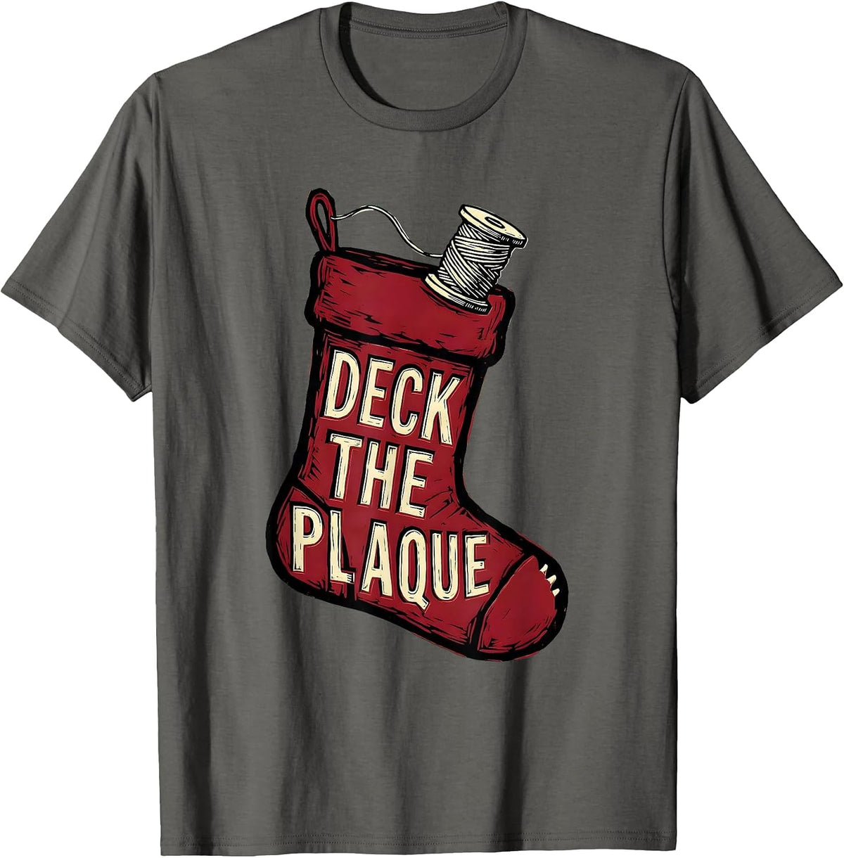 Men's Deck The Plaque Funny Dental Christmas Linocut Dentist Gift T-Shirt - Asphalt Grey