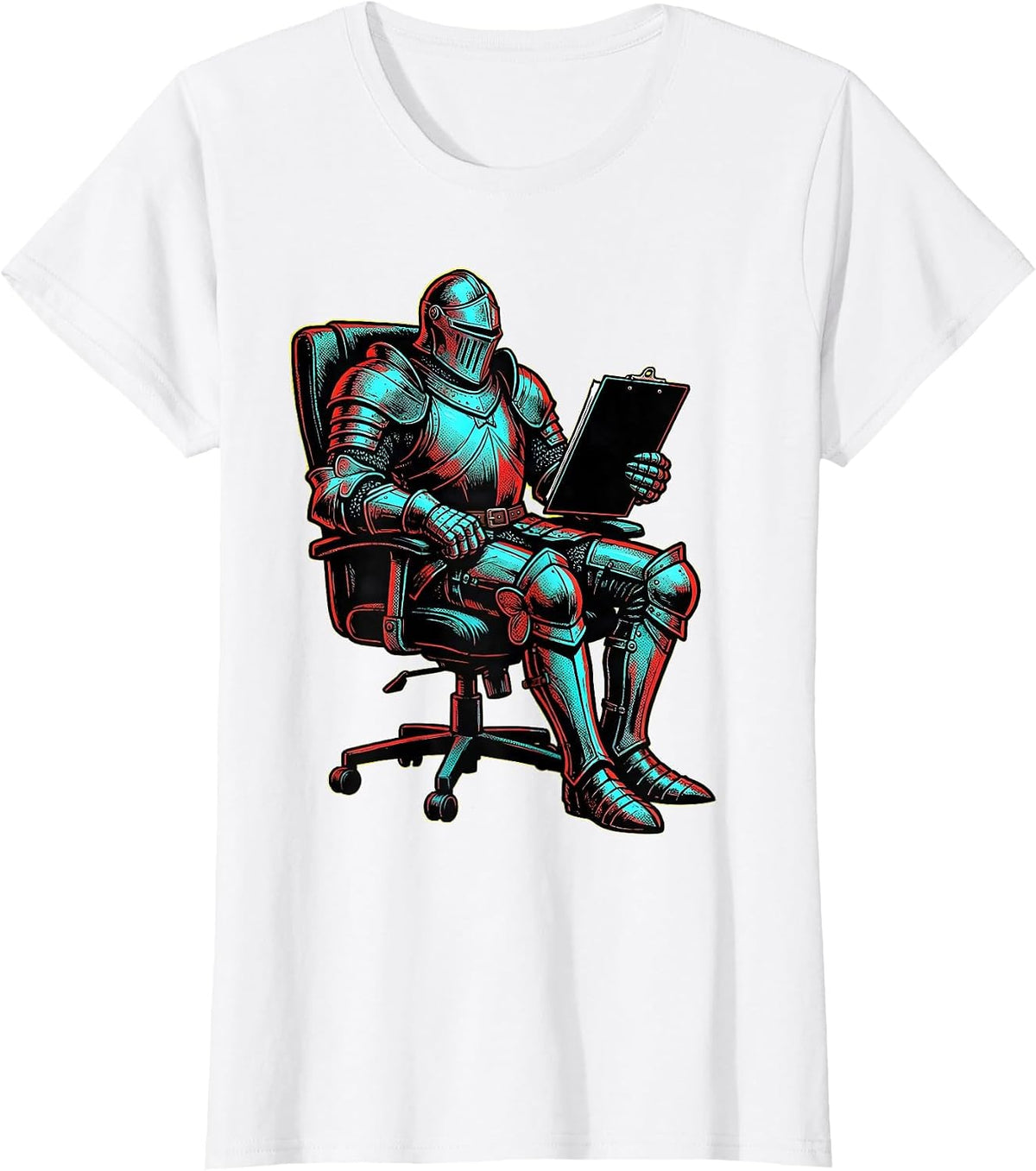 Bold Knight in Office Chair Clipboard Graphic T-Shirt - White