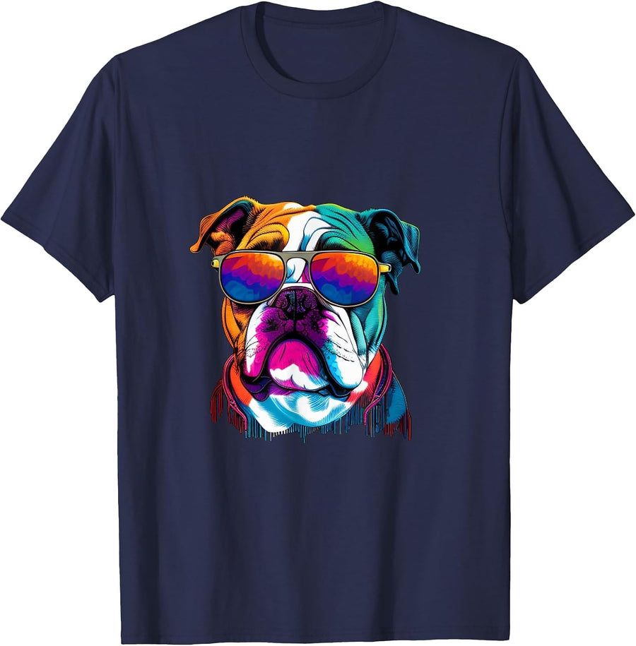 Funny Multicolor English Bulldog Face T-Shirt - Navy Blue