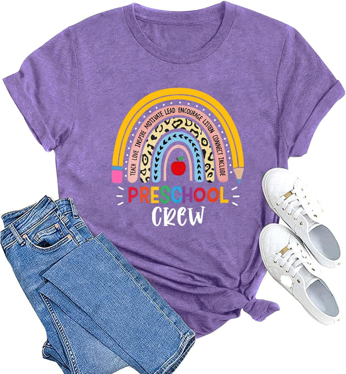 Womens Preschool Teacher Shirts Preschool Crew Rainbow Tshirt Teacher Life Short Sleeve - Purple