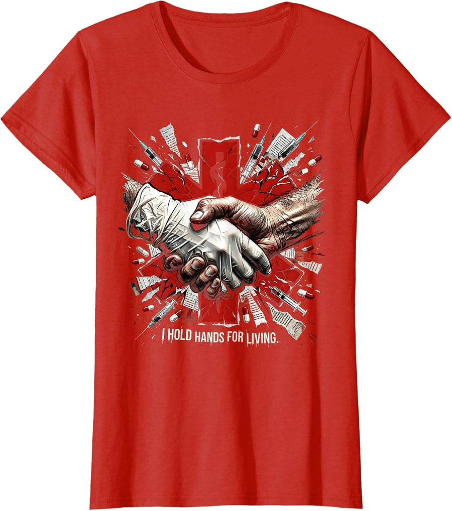 I Hold Hands For Living Oncology Nurse Design T-Shirt - Red