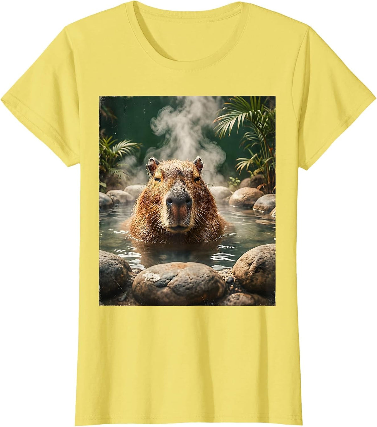 Capybara Hot Spring Soak Relaxing Illustration T-Shirt - Lemon Yellow