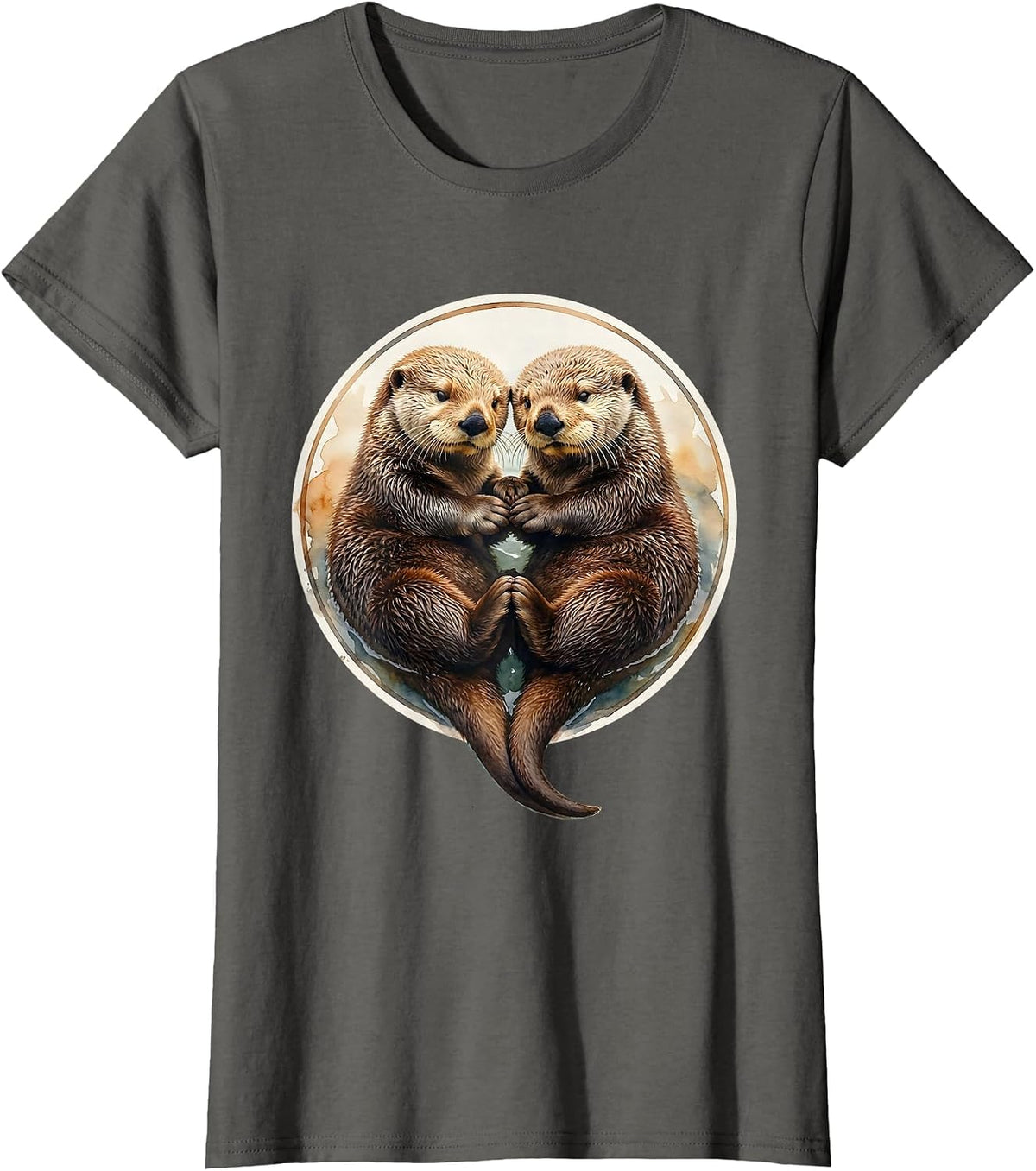 Women's Sea Otter Couple Holding Paws Sleeping Illustration T-Shirt - Asphalt Grey