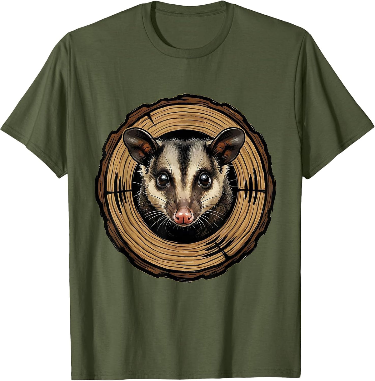 Men's Opossum Peeking Out of a Hollow Log T-Shirt - Olive Green