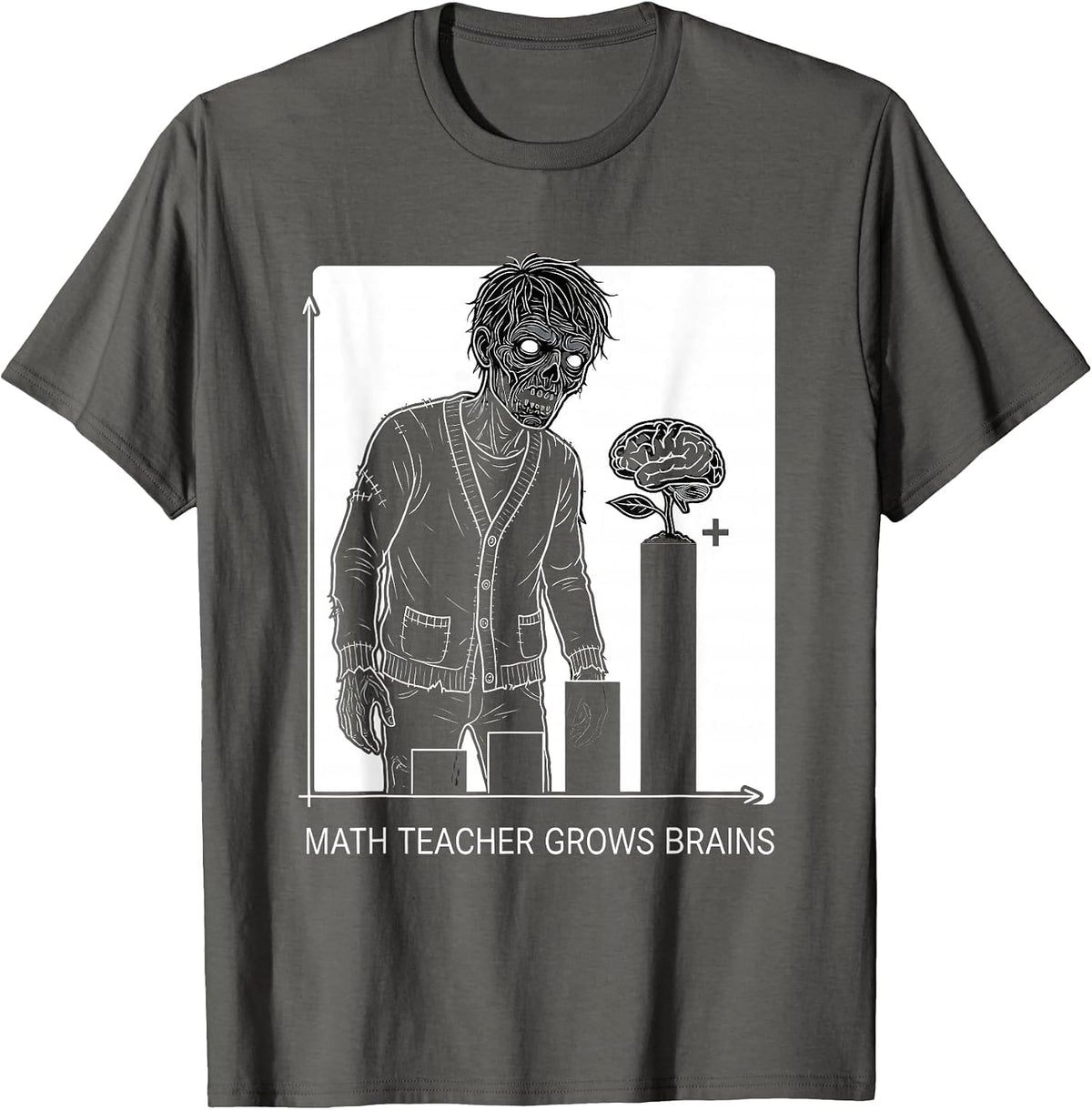 Math Teacher Grows Brains Funny Zombie Halloween Teacher T-Shirt - Asphalt Grey