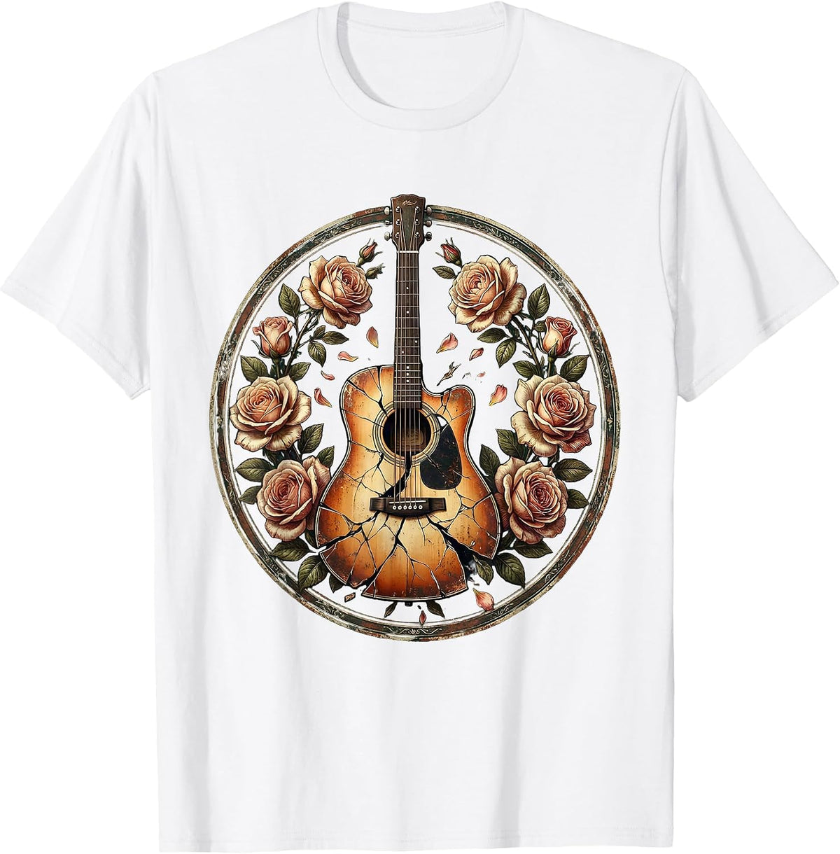 Men's Broken Guitar Floral Band Music Graphic T-Shirt - White