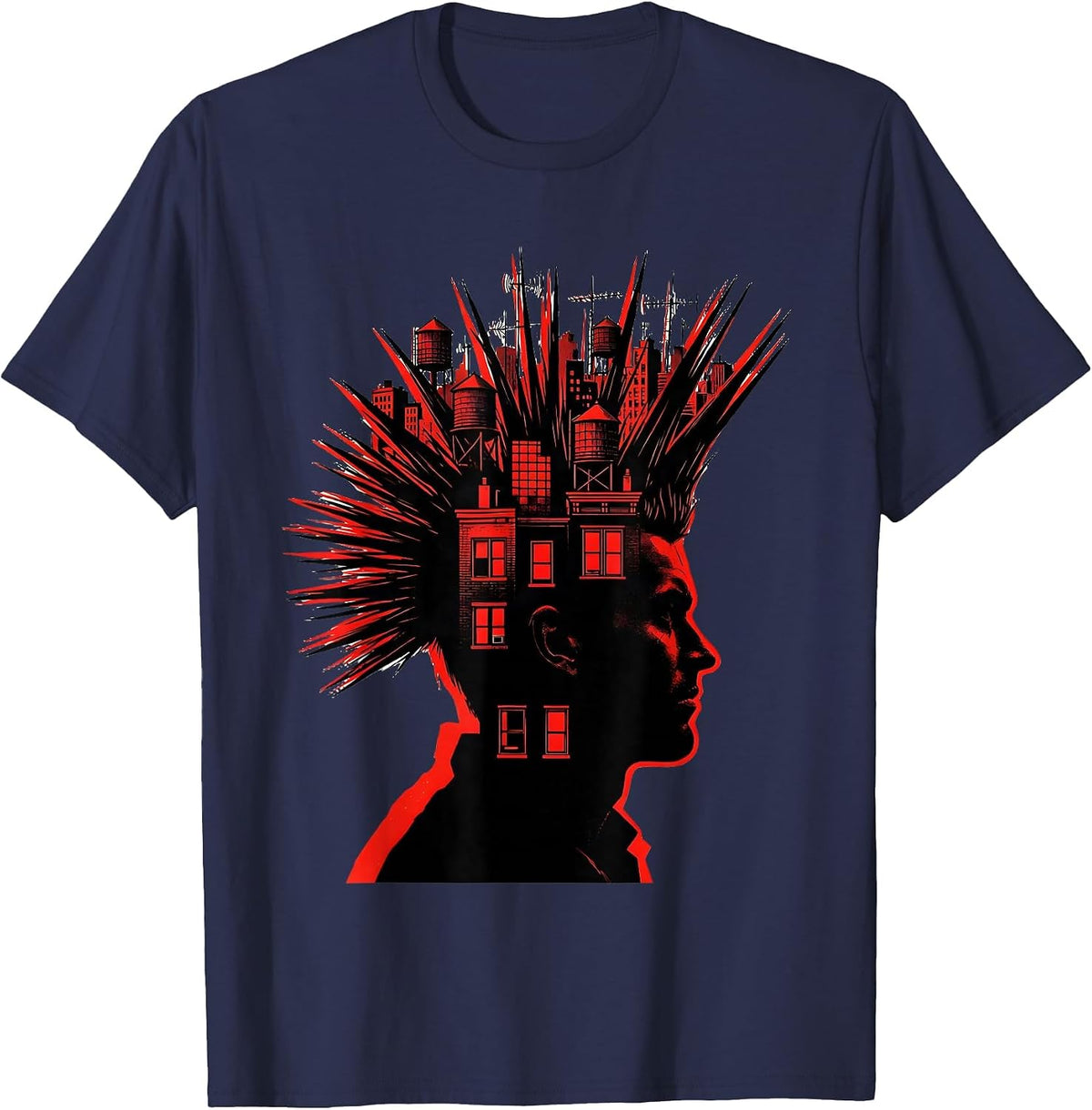 Punk Mohawk City Skyline Silhouette Design T-Shirt - Navy Blue