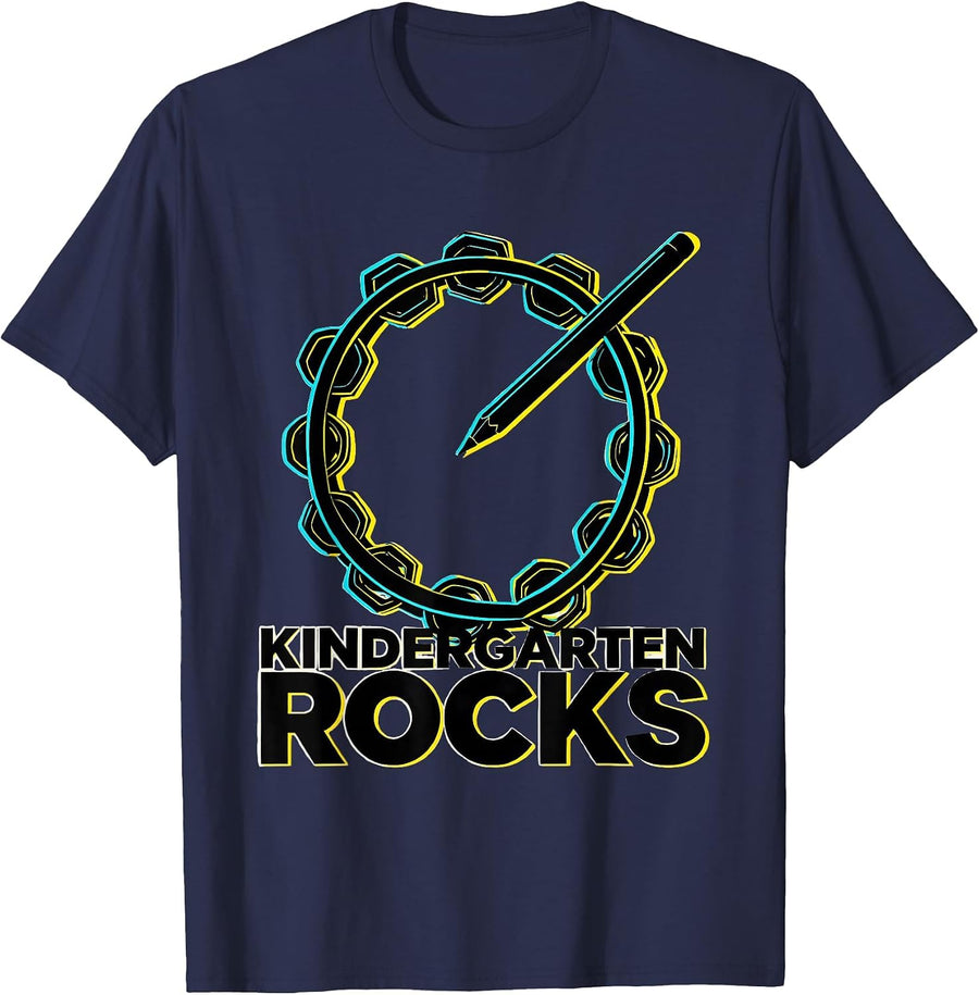 Kindergarten Rocks New Wave Retro Teacher First Day T-Shirt - Navy Blue